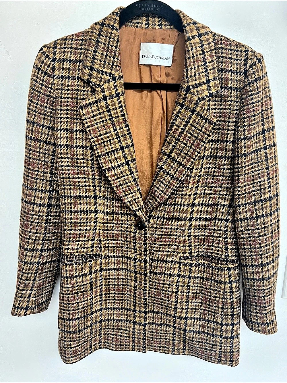 Dana Buchman Women’s Brown Plaid Blazer Jacket Glen Check Tailored Fall Classic